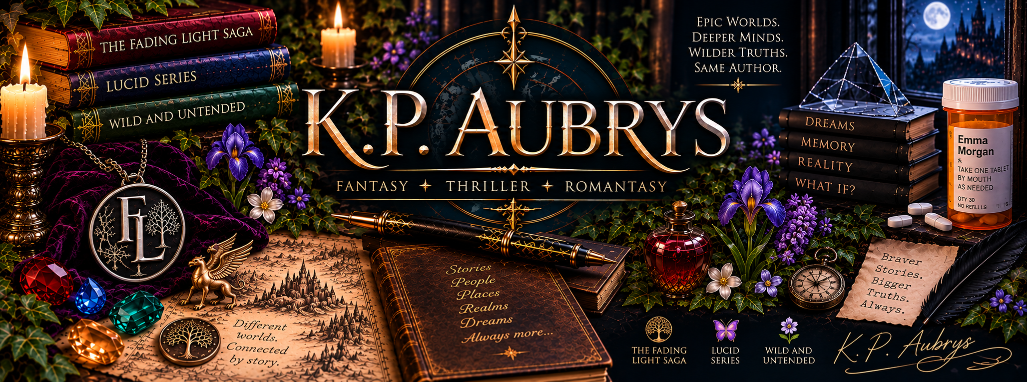 K.P. Aubrys — Fantasy, Thriller, Romantasy. Epic Worlds. Deeper Minds. Wilder Truths. Same Author.